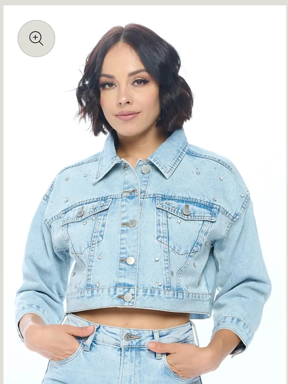 Ci Sono Light Blue Cropped Denim Jacket with Rhinestone Studs